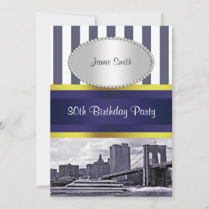NYC Skyline Brooklyn Bridge Boat Blue Wt2 Birthday Invitation