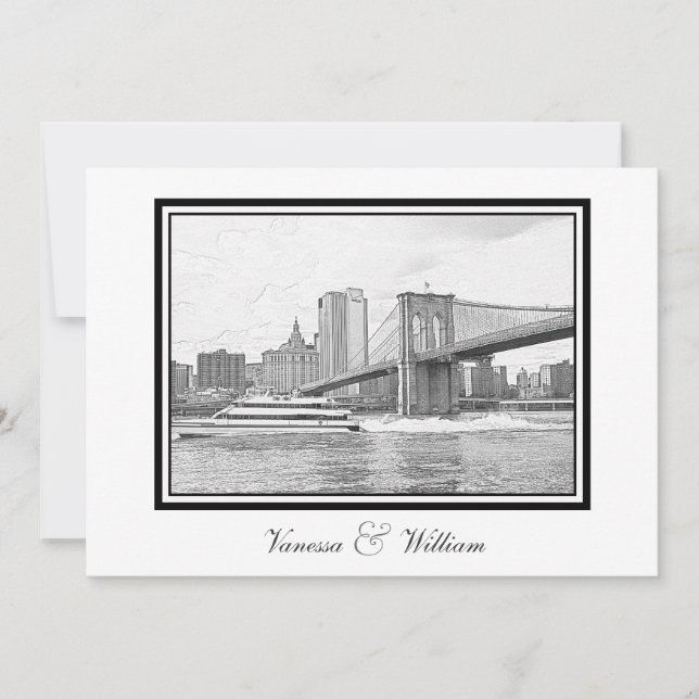 NYC Skyline Brooklyn Bridge Boat BW Etchd Wedding Invitation (Front)