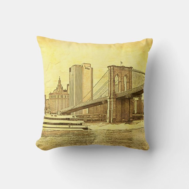 NYC Skyline Brooklyn Bridge Boat Etched Look #1 Cushion (Front)