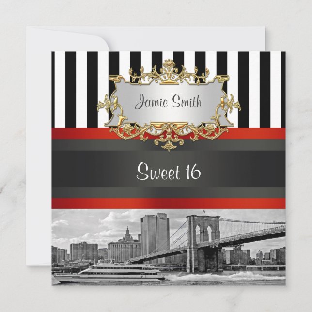 NYC Skyline Brooklyn Bridge, Boat Sweet 16 Invite (Front)