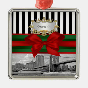 NYC Skyline Brooklyn Bridge Xmas Blk Wht Strp #2 Metal Tree Decoration