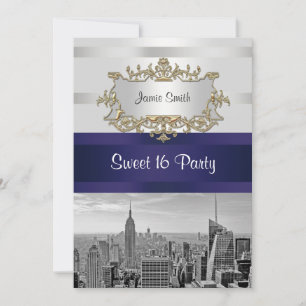 NYC Skyline BW 05 White Navy 2 Sweet 16 Invite