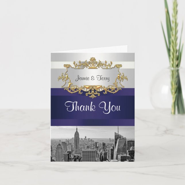 NYC Skyline BW 05 White Navy Blue Thank You Card (Front)