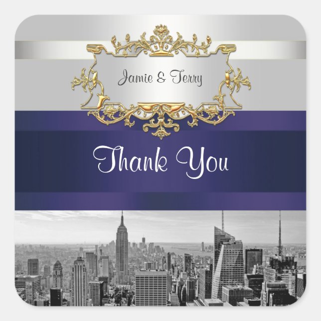 NYC Skyline BW 05 White Navy Invit Suite Thank You Square Sticker (Front)