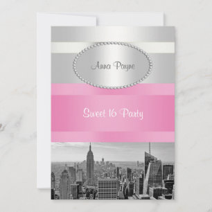 NYC Skyline BW 05 White, Pink Sweet 16 Party Invitation