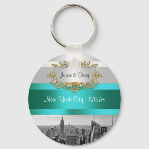 NYC Skyline BW 05 White Teal Invite Suite Key Ring