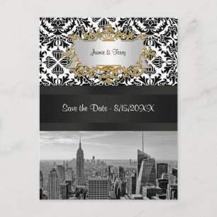 NYC Skyline BW 431 Damask Save the Date Postcard