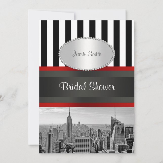 NYC Skyline BW Black White Stripe 2P Bridal Shower Invitation (Front)
