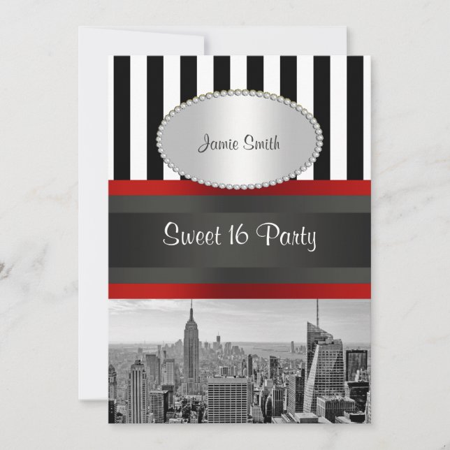 NYC Skyline BW Black White Stripe 2P Sweet 16 Invitation (Front)