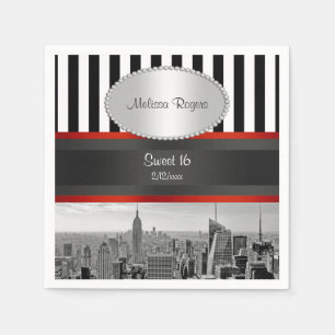 NYC Skyline BW Black White Stripe P Sweet 16 Napkin