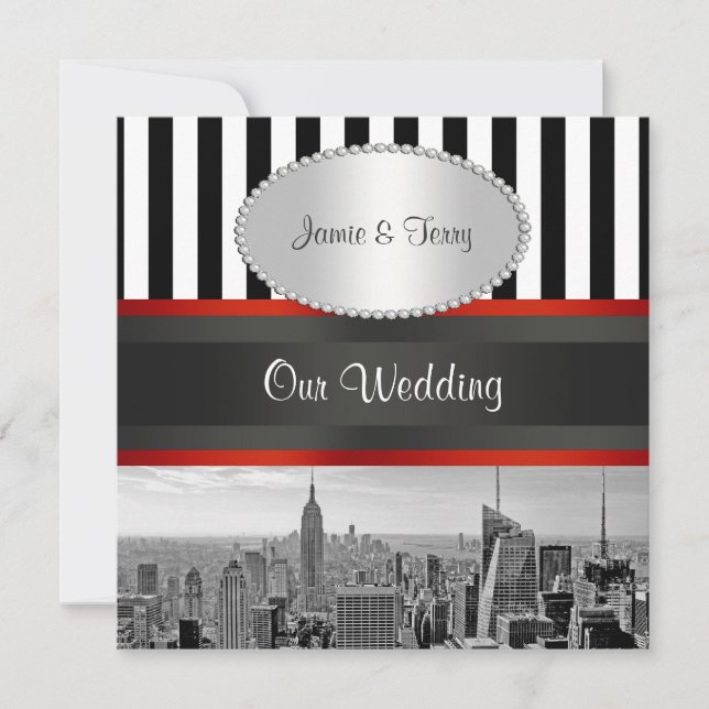 NYC Skyline BW Black White Stripe P Wedding Invite (Front)