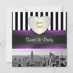 NYC Skyline BW Blk Wht Strp Purpl H Sweet 16 Party Invitation