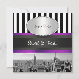 NYC Skyline BW Blk Wht Strp Purpl P Sweet 16 Party Invitation