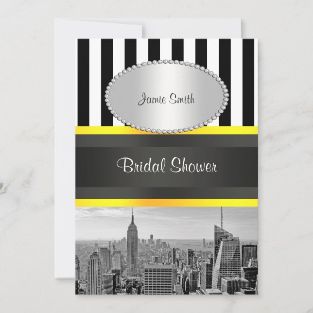 NYC Skyline BW Blk Wht Strp Yellow P Bridal Shower Invitation (Front)