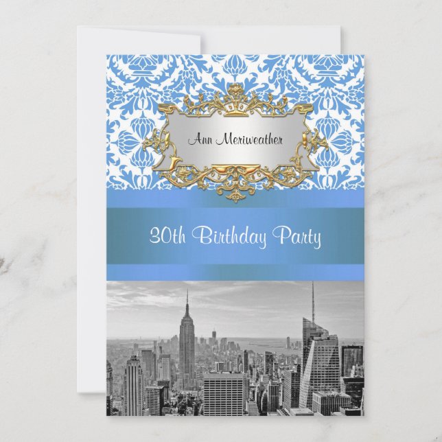 NYC Skyline BW D4 Damask Birthday Party V Invitation (Front)