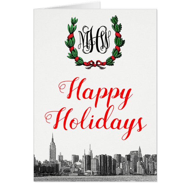 NYC Skyline Christmas Wreath Happy Holidays Card (Front)