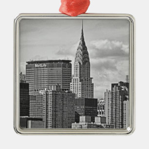 NYC Skyline: Chrysler Building, Met Life BW Metal Ornament