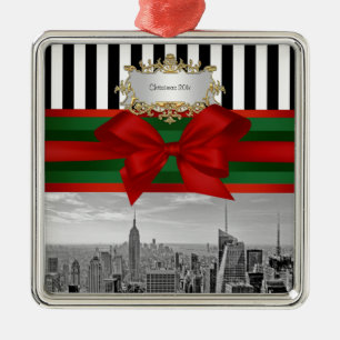 NYC Skyline Emp St Bldg Xmas Blk Wht Strp #2 Metal Ornament