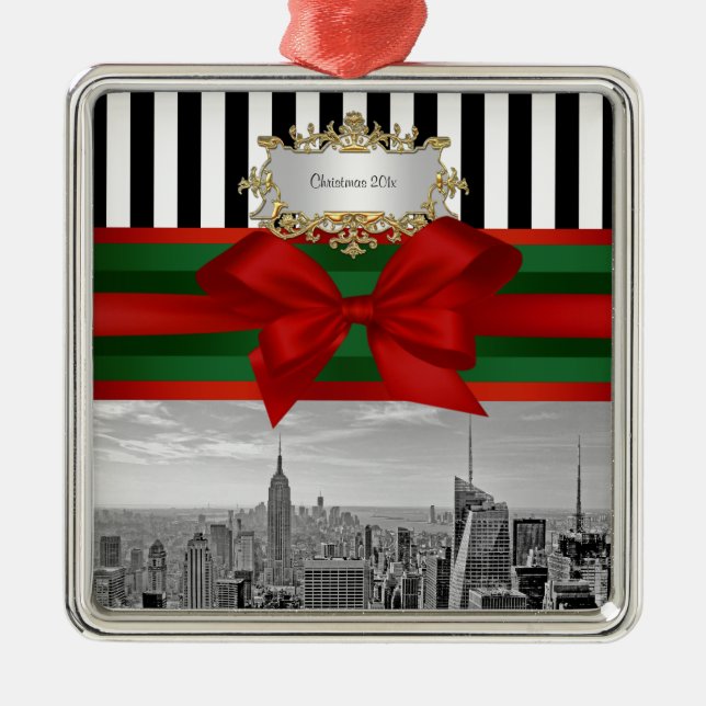 NYC Skyline Emp St Bldg Xmas Blk Wht Strp #2 Metal Ornament (Front)