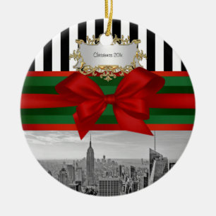 NYC Skyline Empire St Bldg Xmas Blk Wht Strp #2R Ceramic Ornament