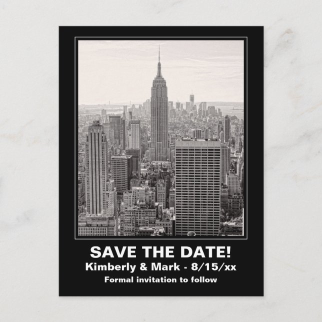 NYC Skyline ESB BW 1 Save the Date Announcement Postcard (Front)