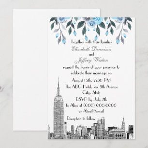 NYC Skyline ESB Etch Blue Grey Floral Wedding Invitation