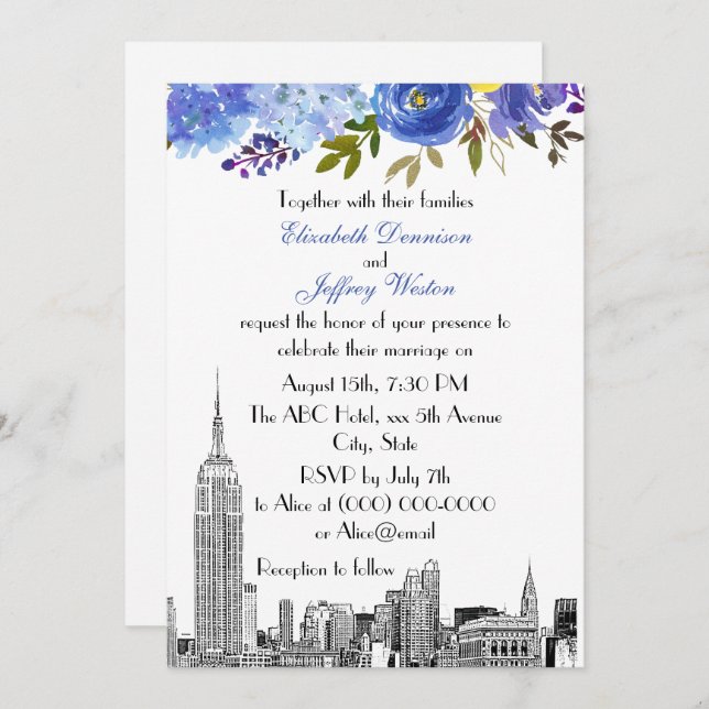 NYC Skyline ESB Etch Blue Yellow Floral Wedding Invitation (Front/Back)