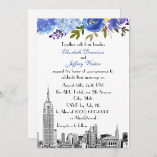 NYC Skyline ESB Etch Blue Yellow Floral Wedding Invitation