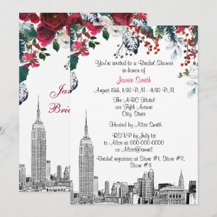 NYC Skyline ESB Etch Burg Grn Floral Bridal Shower Invitation