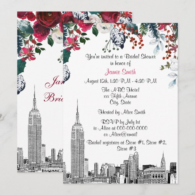 NYC Skyline ESB Etch Burg Grn Floral Bridal Shower Invitation (Front/Back)