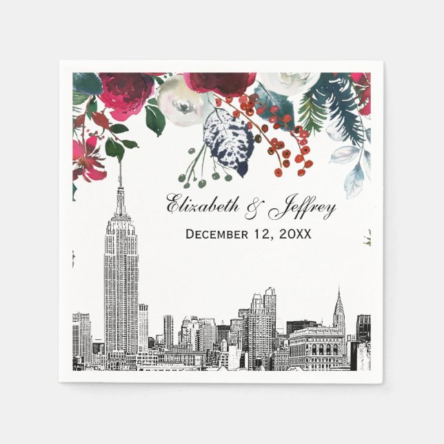 NYC Skyline ESB Etch Burgundy Grn Floral Watercolr Napkin (Front)