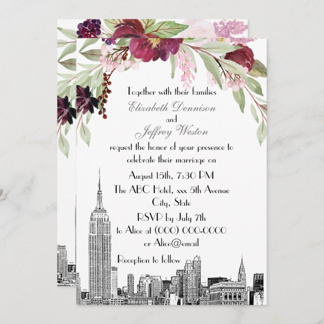 NYC Skyline ESB Etch Burgundy Pink Floral Wedding Invitation (Front/Back)