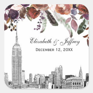 NYC Skyline ESB Etch Burgundy Plum Floral Wedding Square Sticker