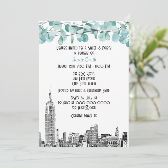 NYC Skyline ESB Etch Eucalyptus Sweet 16 Invitation (Standing Front)