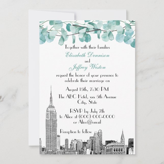 NYC Skyline ESB Etch Eucalyptus Wedding Invitation (Front)