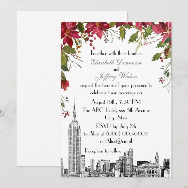 NYC Skyline ESB Etch Holly Poinsettia Wedding Invitation (Front/Back)