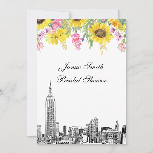 NYC Skyline ESB Etch Look Sunflowers Bridal Shower Invitation (Front)
