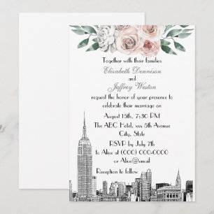 NYC Skyline ESB Etch Lt Pink Grey Floral Wedding Invitation