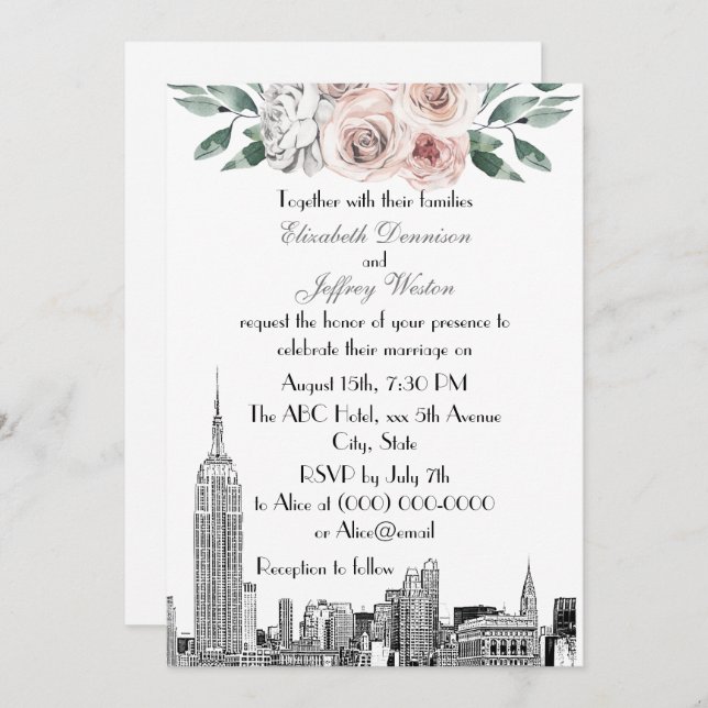 NYC Skyline ESB Etch Lt Pink Grey  Floral Wedding Invitation (Front/Back)