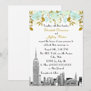 NYC Skyline ESB Etch Mint Gold Floral Wedding Invitation