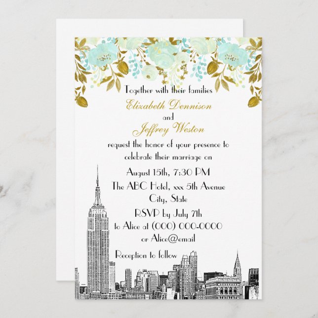 NYC Skyline ESB Etch Mint Gold Floral Wedding Invitation (Front/Back)