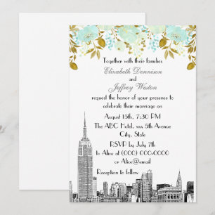 NYC Skyline ESB Etch Mint Gold Floral Wedding Invitation