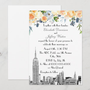 NYC Skyline ESB Etch Peach Blues Floral Wedding Invitation