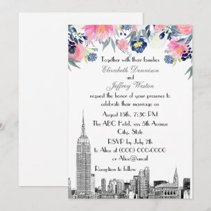 NYC Skyline ESB Etch Pink Blue Floral Wedding Invitation