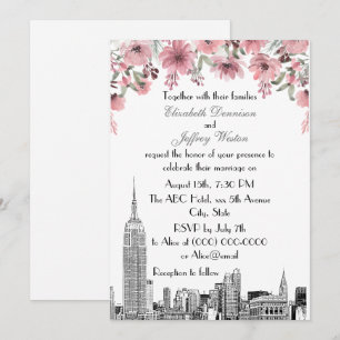 NYC Skyline ESB Etch Pink Floral Wedding Invitation