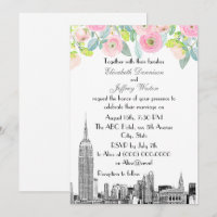 NYC Skyline ESB Etch Pink Ranunculus Flowr Wedding