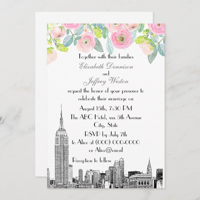 NYC Skyline ESB Etch Pink Ranunculus Flowr Wedding Invitation (Front/Back)