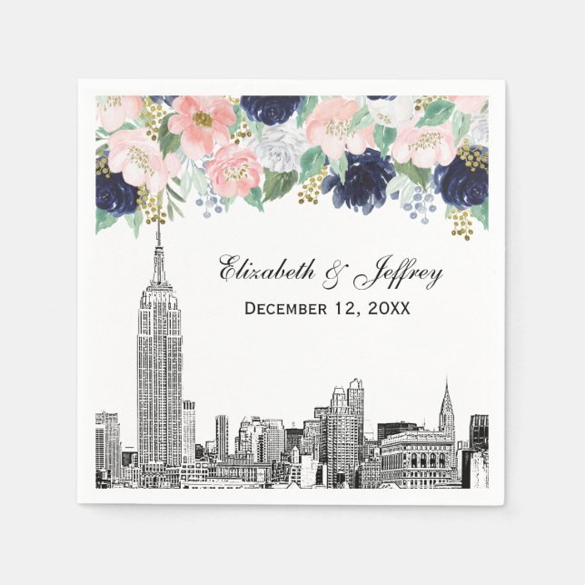 NYC Skyline ESB Etch Pink Wht Blue Gold Floral Napkin (Front)