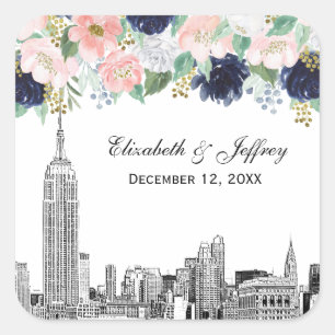 NYC Skyline ESB Etch Pink Wht Blue Gold Floral Square Sticker