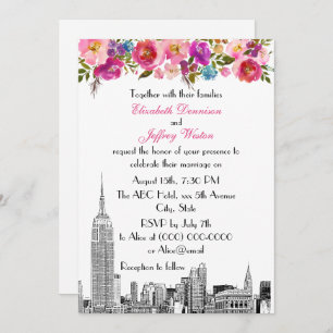 NYC Skyline ESB Etch Spring Pink Floral Wedding Invitation